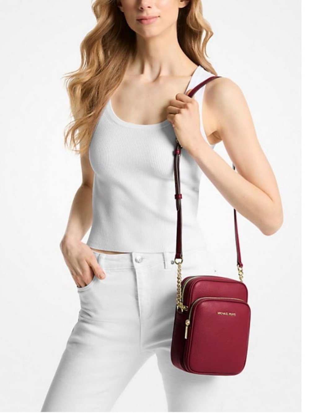 MICHAEL KORS Jet Set Pebbled Leather Crossbody Bag Cherry Red Gold Hardware - Picture 2 of 10